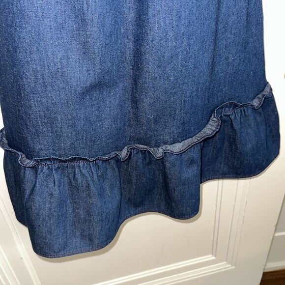 Vintage 70s Contemporary Corner Blue Denim Midi Skirt with Ruffle Hem - Picture 4 of 8